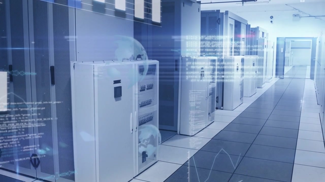 White cabinet, server racks receiving scan, animated HUD bars, code, globe emerging for tech ops