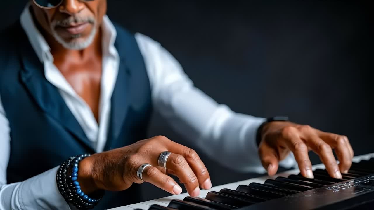 A man in a vest and sunglasses playing a keyboard