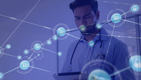 animation of network of connections over caucasian male doctor using tablet