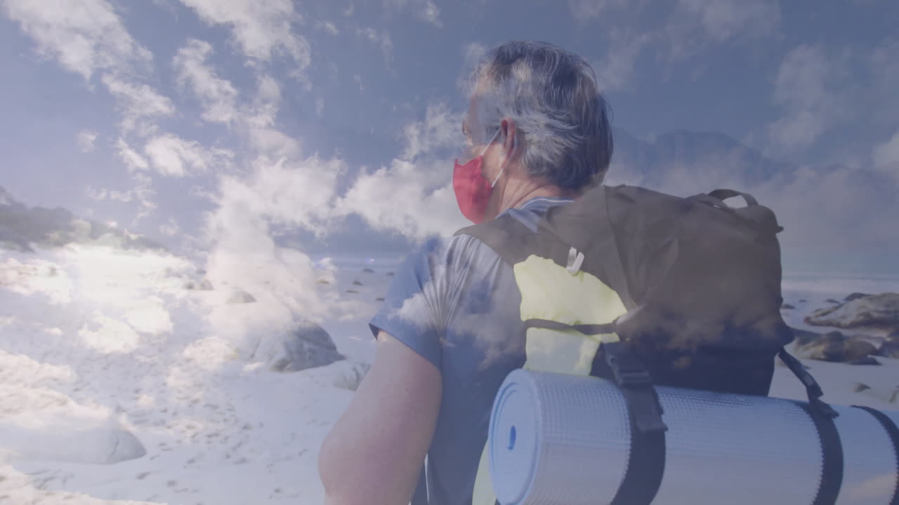 male hiker trekking across rocky sandy landscape for health, with animated heart icon and trail map