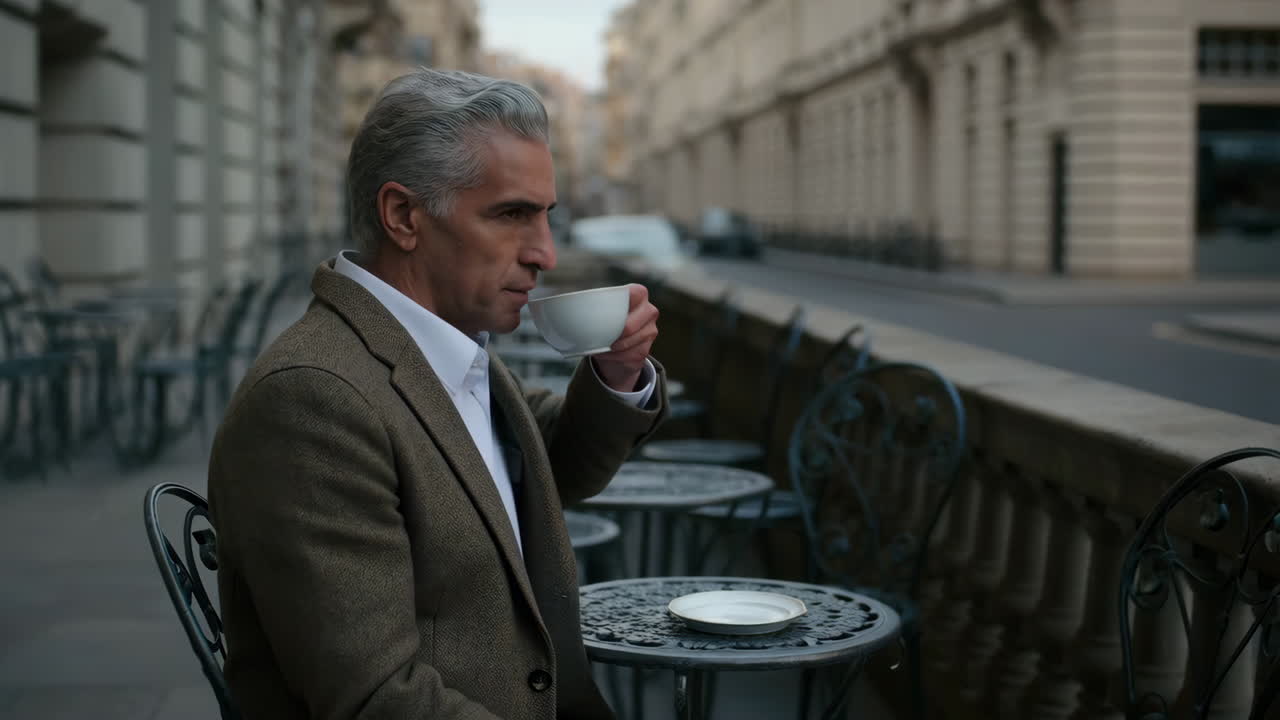 Man Enjoying Coffee at an Outdoor Cafe