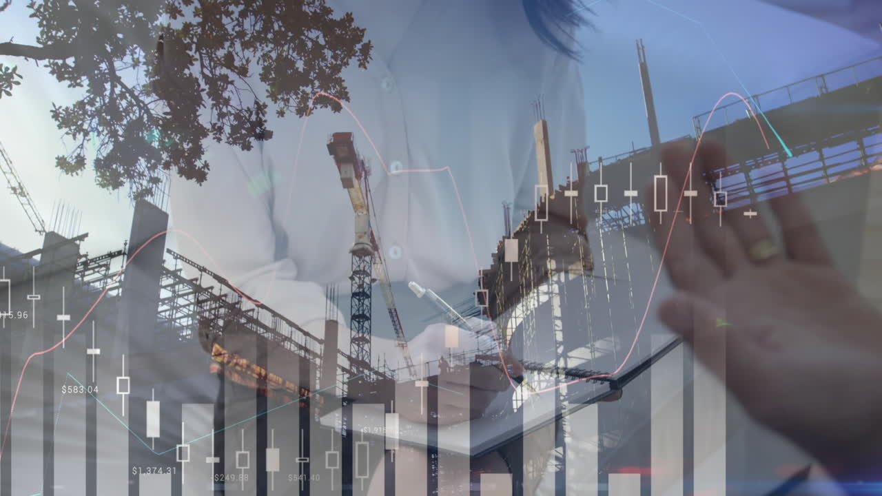 анимация обработки финансовых данных над предприятиями люди