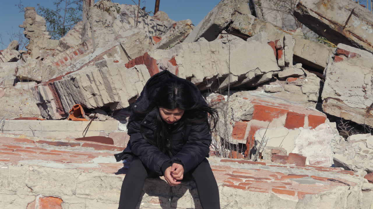 Woman sits alone in the ruins while wind surrounds her, emphasizing emotional withdrawal, vulnerability, and inward focus during a quiet moment of psychological strain and reflection