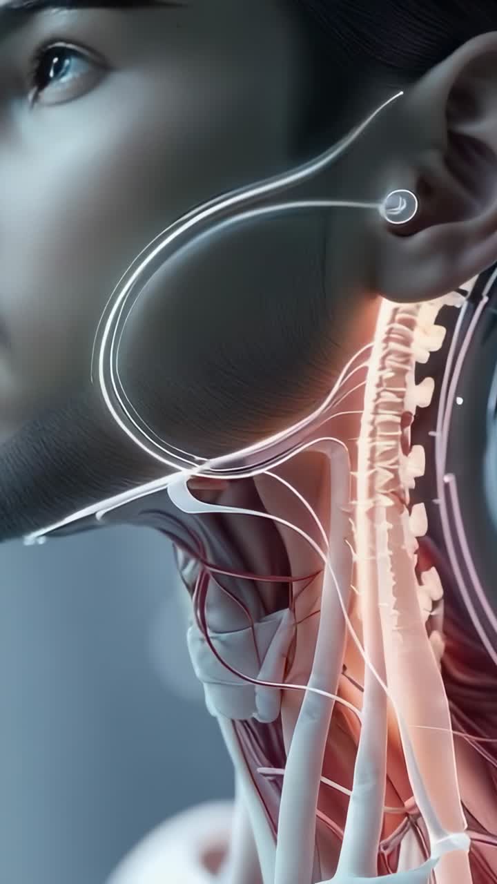 Vertical video: Animating neural overlay responding to ear module pulsing on Asian woman in lab