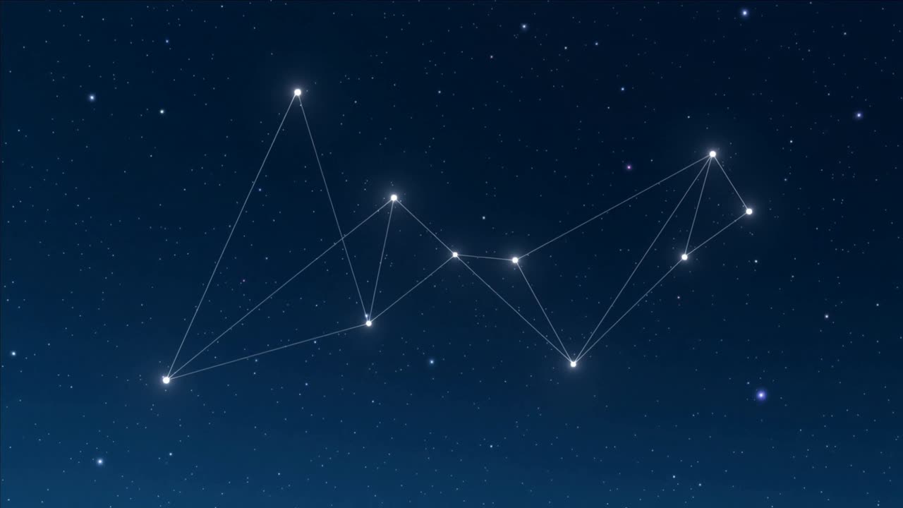 Drawing constellation, nodes linking via thin lines across sky, left star rising revealing pattern