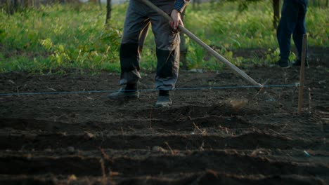 farmer breaking up dirt with a hoe to grow plants in the field