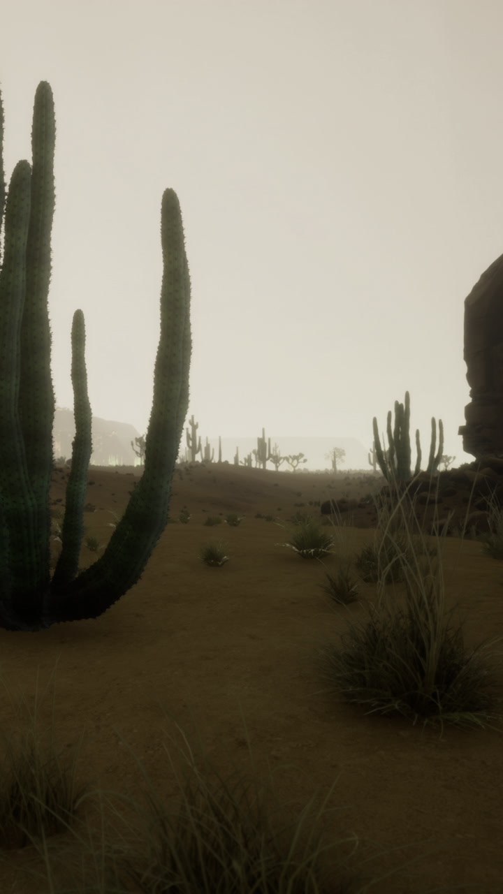 Serene desert landscape with tall cacti under a soft hazy sky at dusk
