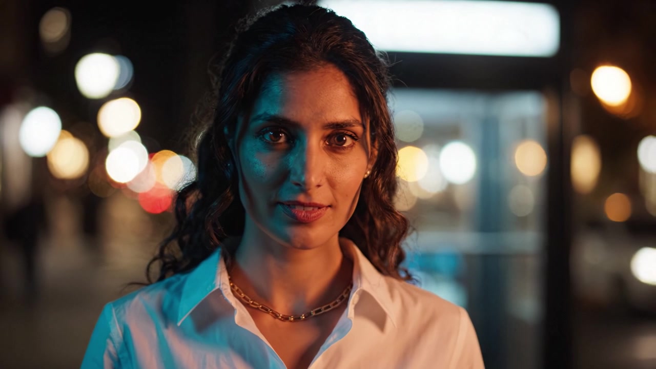 Ritratto affascinante di una donna in un contesto urbano notturno, con luci soffuse che ne esaltano la sicurezza e la compostezza, su uno sfondo bokeh di luci cittadine.