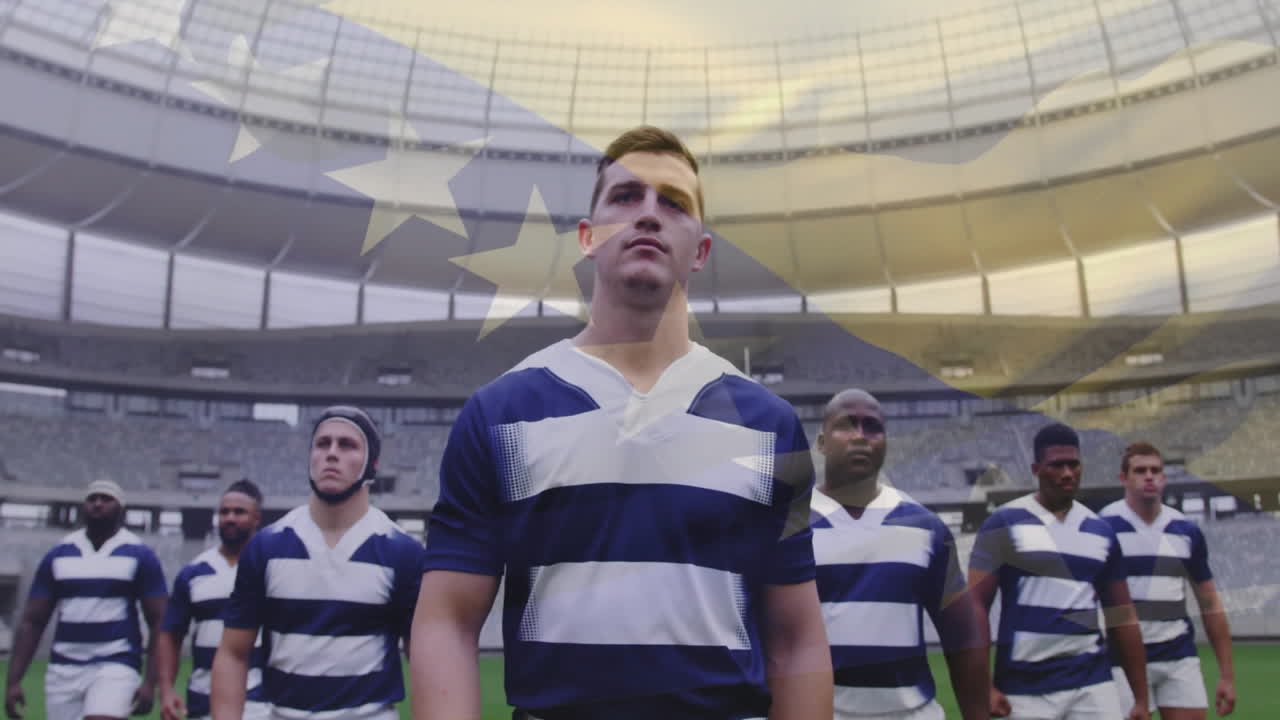 Standing in stadium, rugby players in blue and white uniforms with flag animation