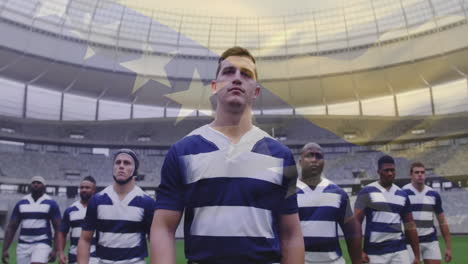 standing in stadium, rugby players in blue and white uniforms with flag animation