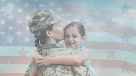 animation of female soldier embracing smiling daughter moving over american flag