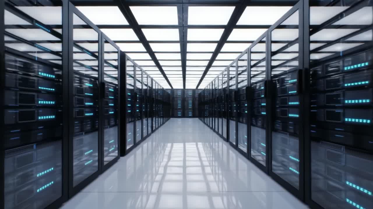 A Futuristic Data Center Interior View Showcasing High-Tech Server Racks in a Symmetric Layout with Blue LED Lighting and a Sleek Concrete Floor