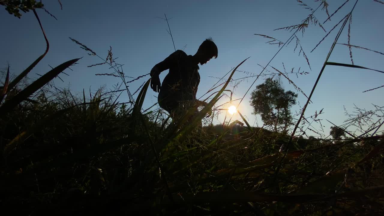 시골 초목에서 언덕을 걷고 있는 실루엣 남자의 슬로우 모션 샷