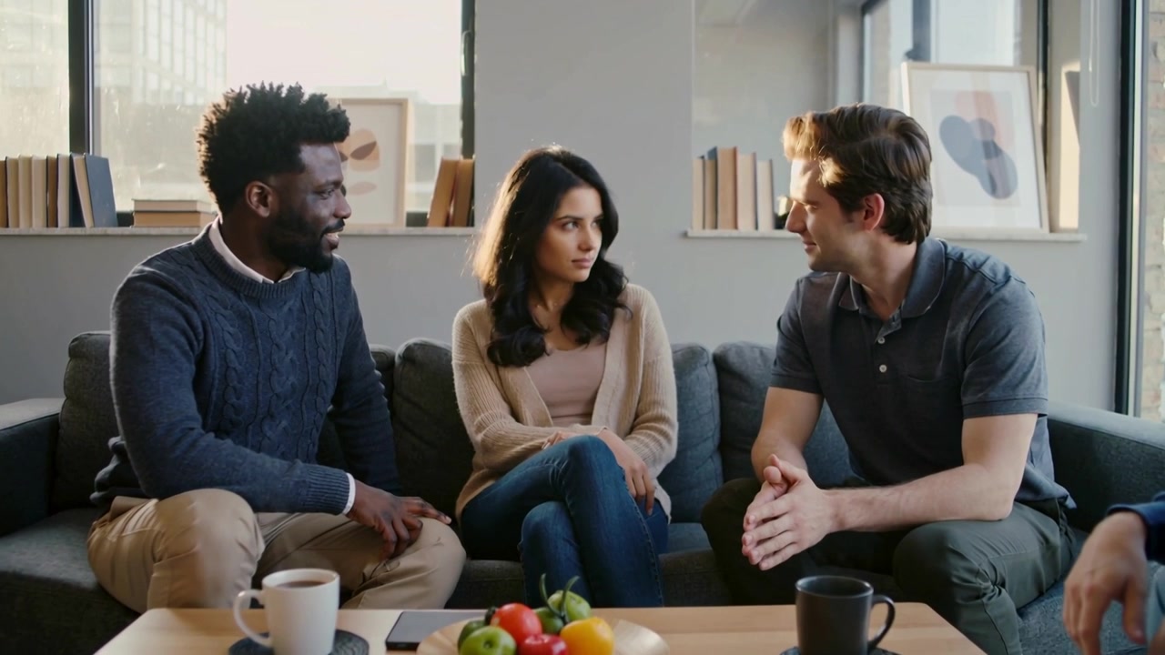 Manden til højre i grå polo indleder en samtale, taler og gestikulerer på en loungesofa under et møde, med kaffekrus.