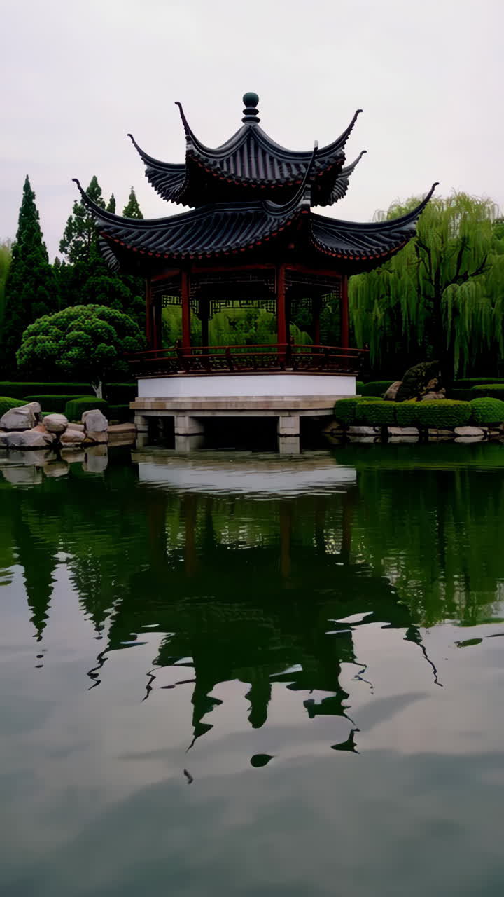 Chinese Pavilion in a Garden with Water Reflection