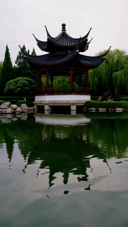 chinese pavilion in a garden with water reflection