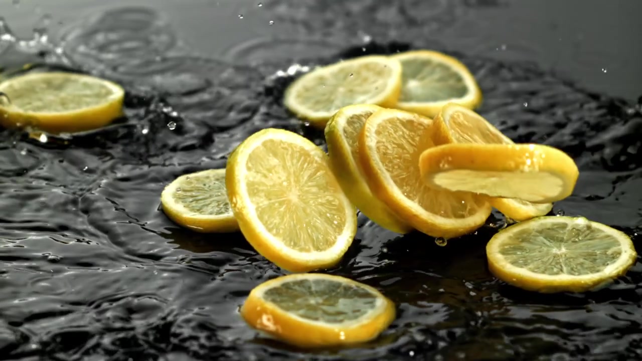 Rallentatore di fette di limone che cadono e schizzano nell'acqua.