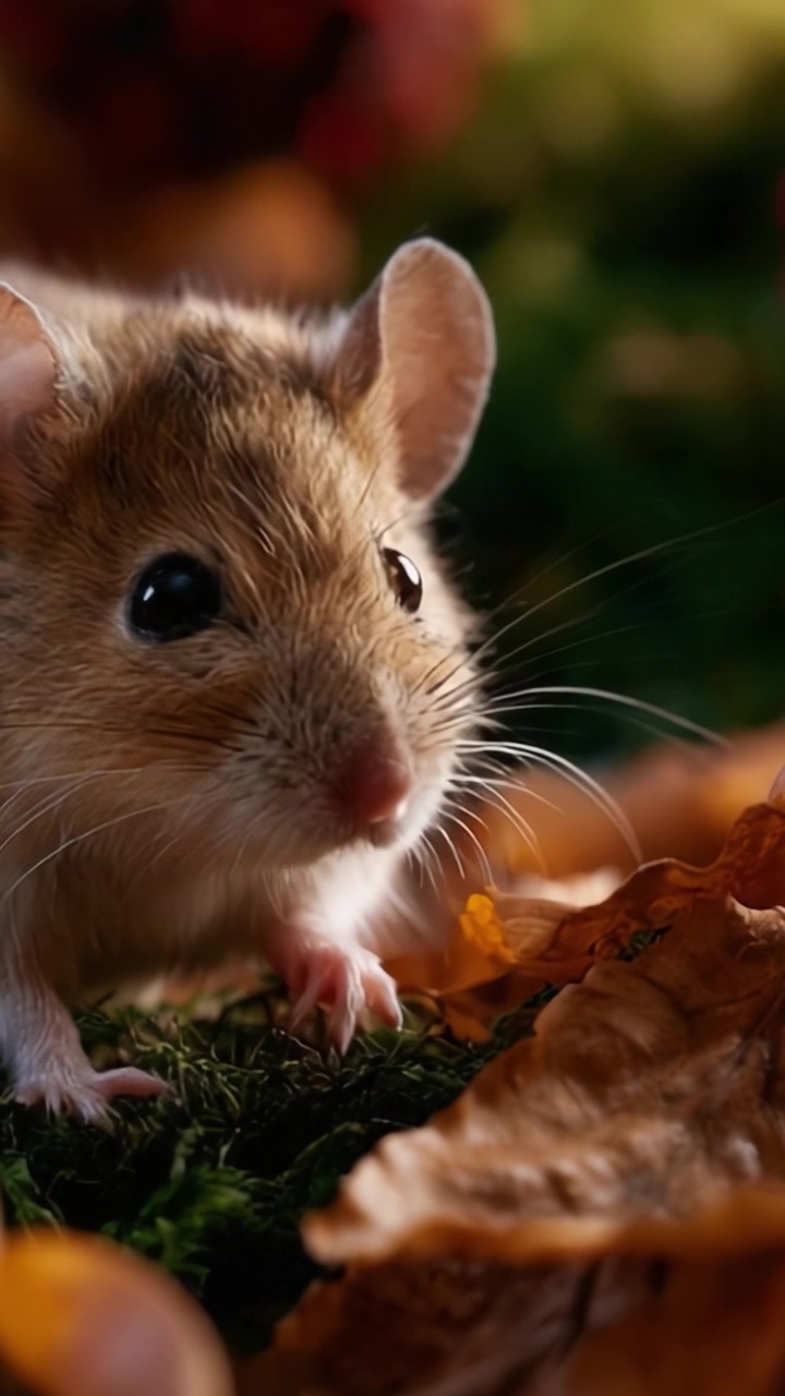 Un incontro ravvicinato con un topo curioso tra foglie autunnali e vegetazione lussureggiante, catturando l'essenza della natura con dettagli mozzafiato