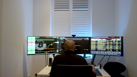 view from behind man analyzing financial markets on dual monitors, blurred background, indoor, dusk light