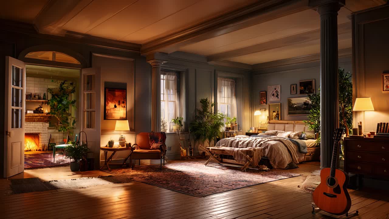 A Cozy and Inviting Bedroom Ambiance Highlighting Warm Lighting, Elegant Furnishings, and a Harmonious Blend of Nature and Comfort in a Serene Living Space