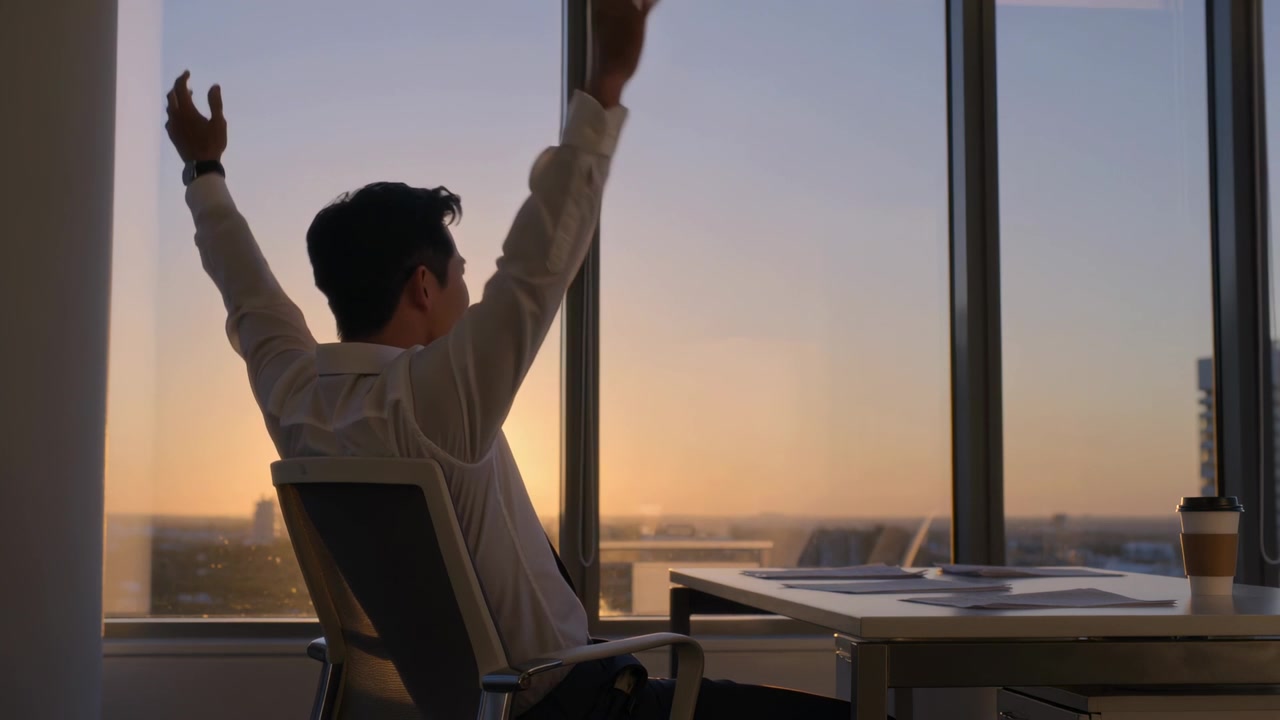 低い太陽に照らされ、ビジネススーツの男性がデスクにもたれかかりストレッチをしている。コーヒーカップとコピースペース。