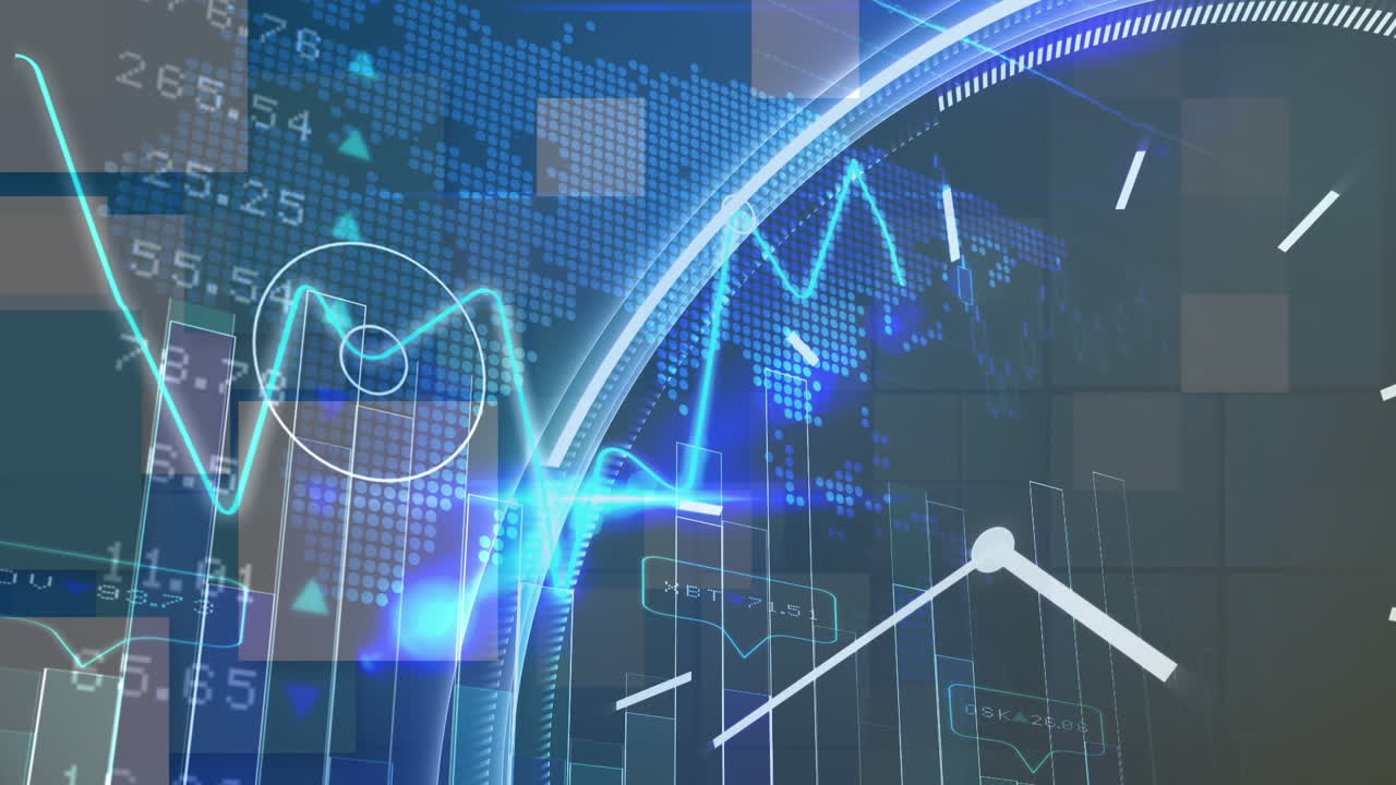 그래프, 금융 데이터 및 움직이는 시계의 애니메이션