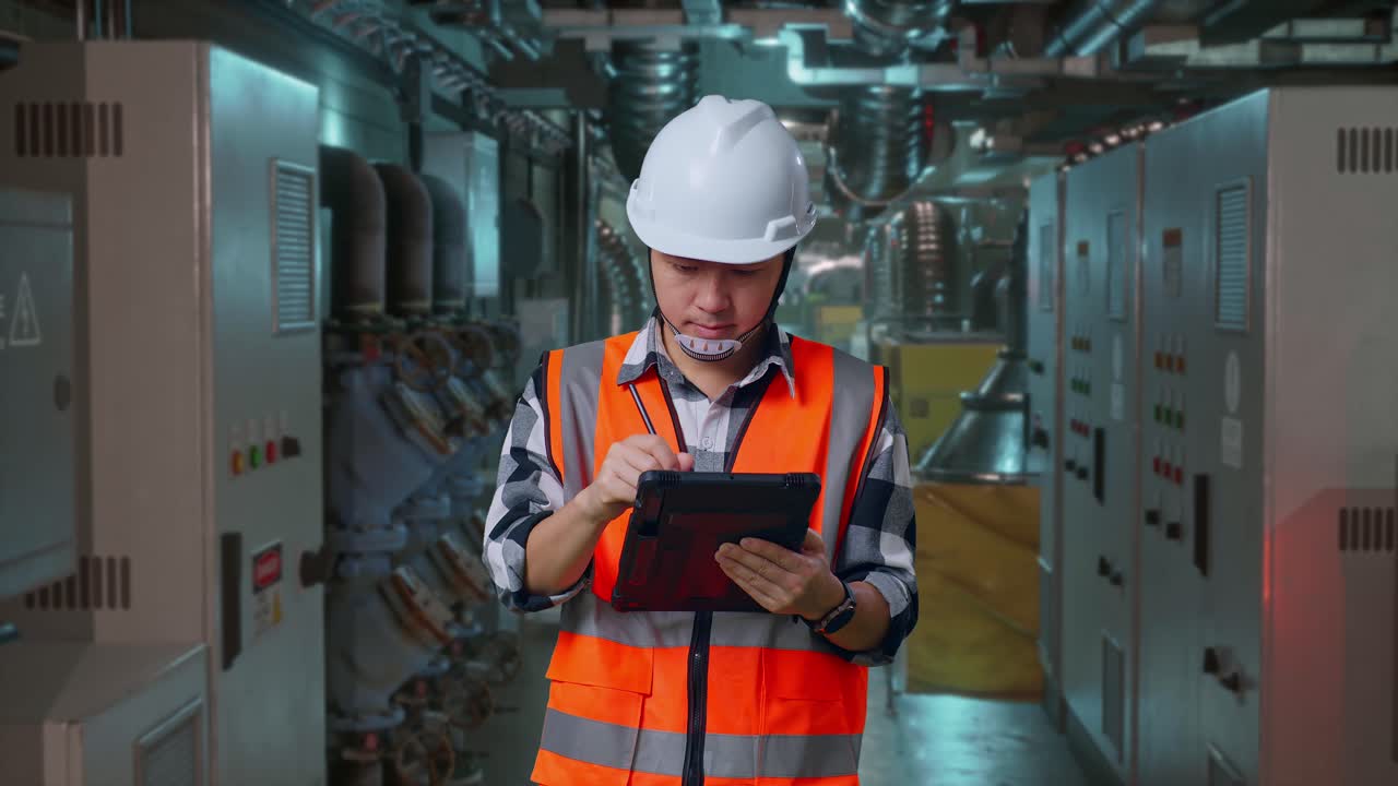Asian Male Engineer With Safety Helmet Taking Note On The Tablet And Looking Around While Standing In Engine Control Room, Work Of Electrical Generators