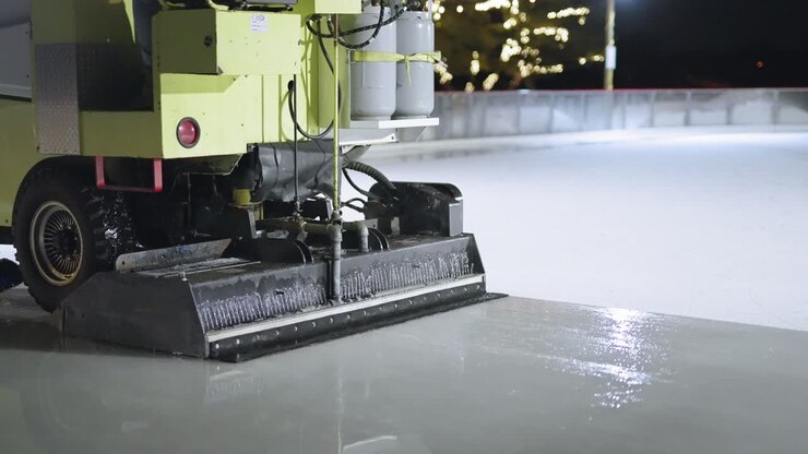 Zamboni polishing an ice rink for ice skating and hockey