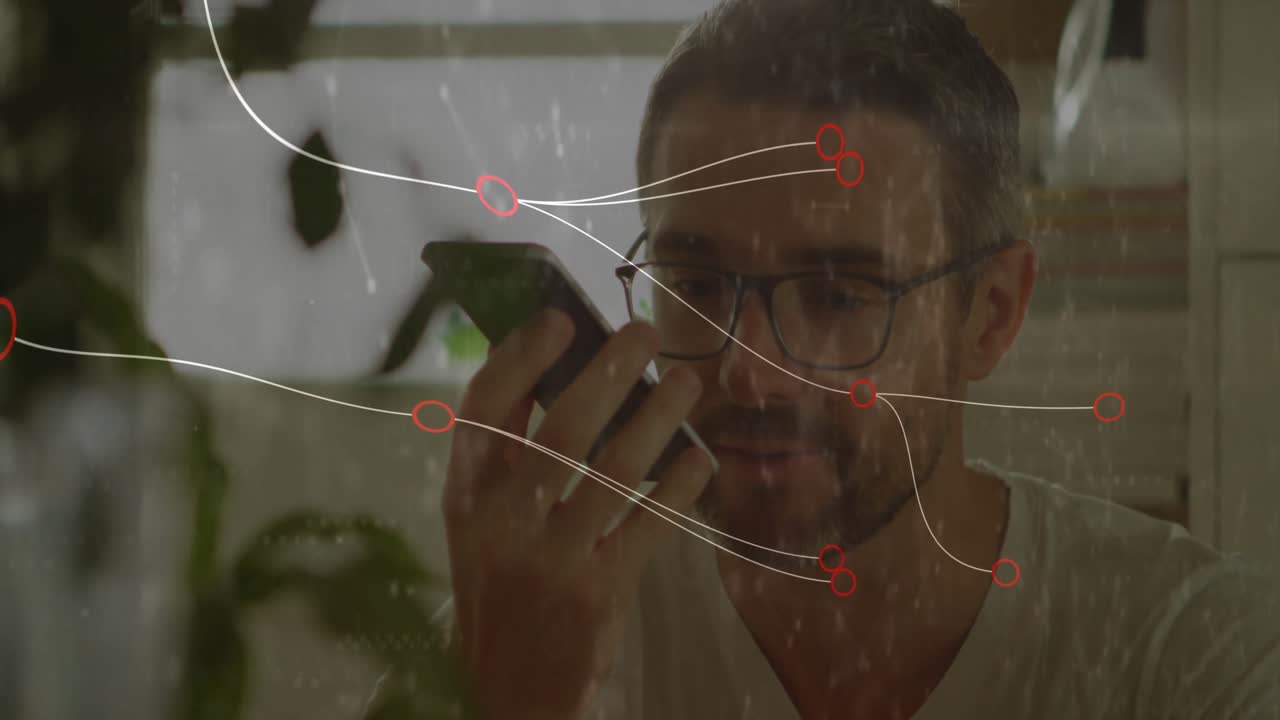 Man raising phone to mouth, activating technology overlay mapping call path then retracting