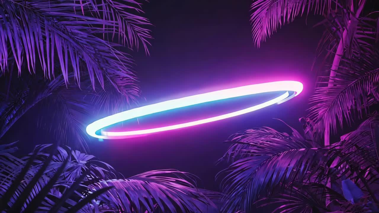 Sequenza iniziale che mostra un anello al neon rotante con bagliore rosa-blu alternato nel vuoto scuro, con foglie di palma