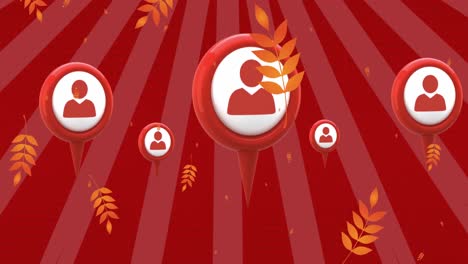 Animation-of-leaves-over-user-icons-and-red-striped-moving-background