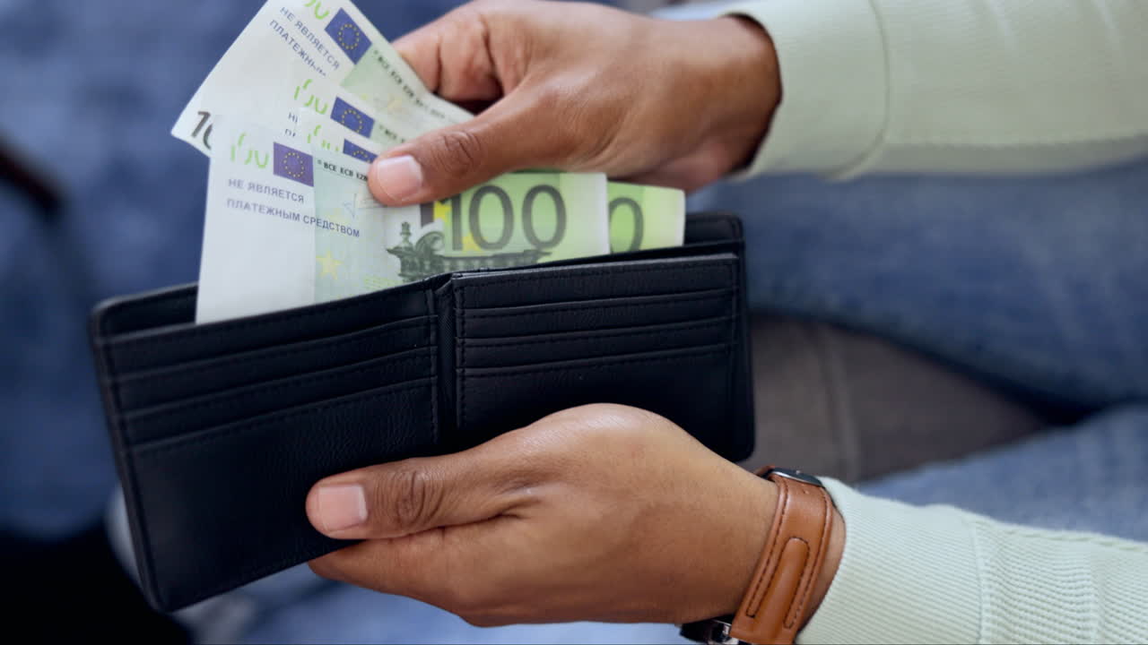 Finance, cash and wallet with hands of man
