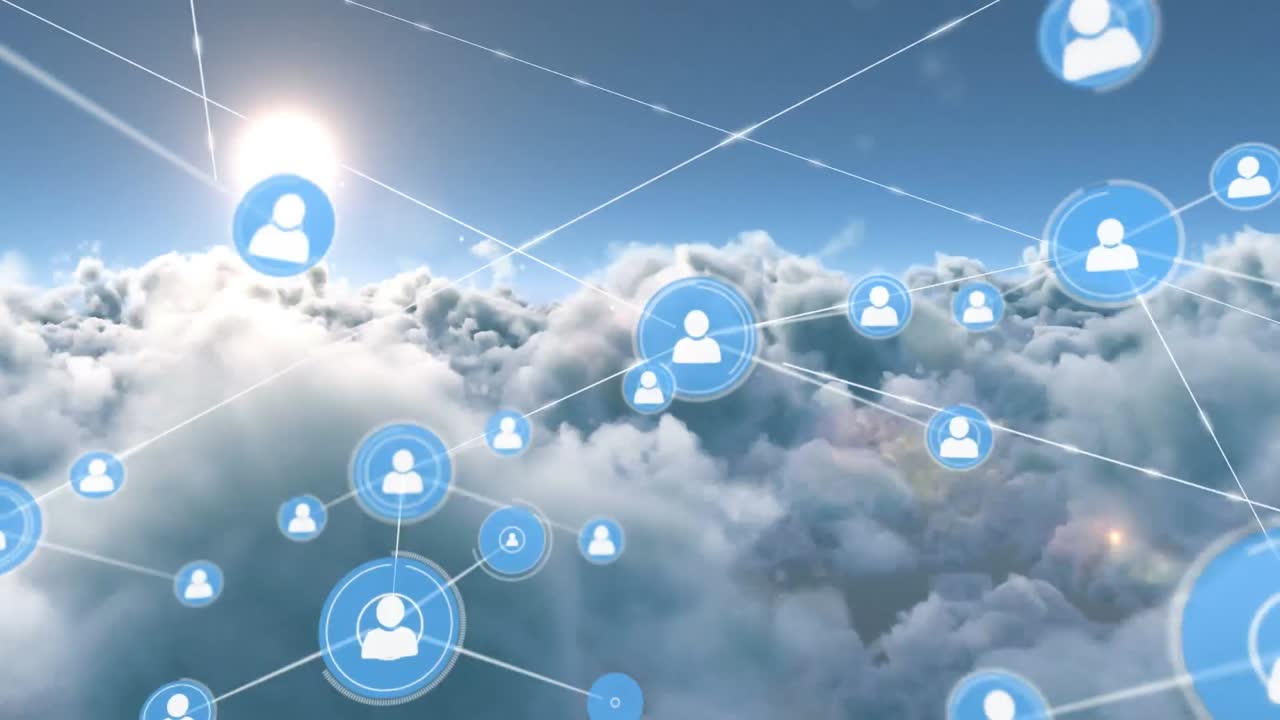 animación de la red de conexiones con iconos sobre nubes