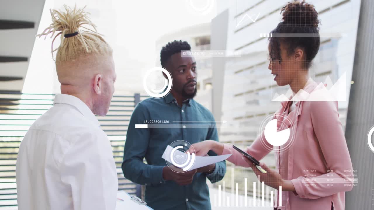 Animation of data processing over diverse business people in office