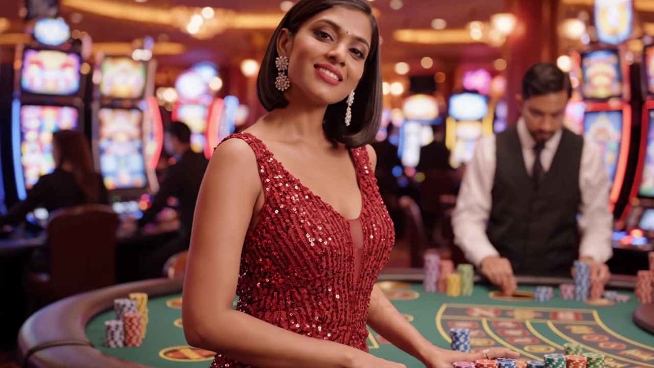 Una serata glamour al casinò: una donna elegante in un abito rosso scintillante cattura l'attenzione tra l'eccitazione del gioco e dell'intrattenimento