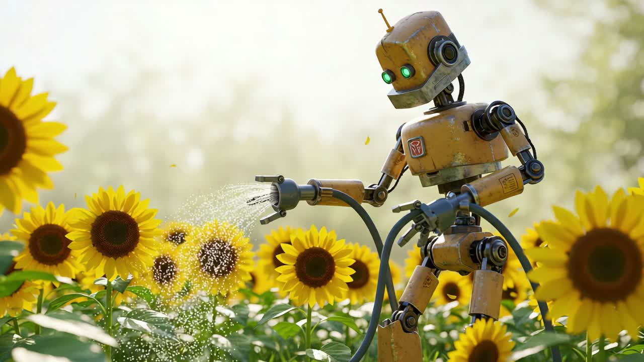 Un robot affascinante che si prende cura di un vivace campo di girasoli, mettendo in mostra l'armonia tra tecnologia e natura in un ambiente colorato e sereno.