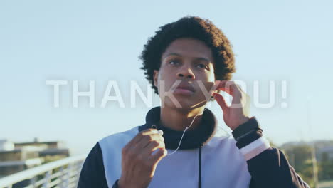 animation of thank you text over biracial male runner wearing earphones