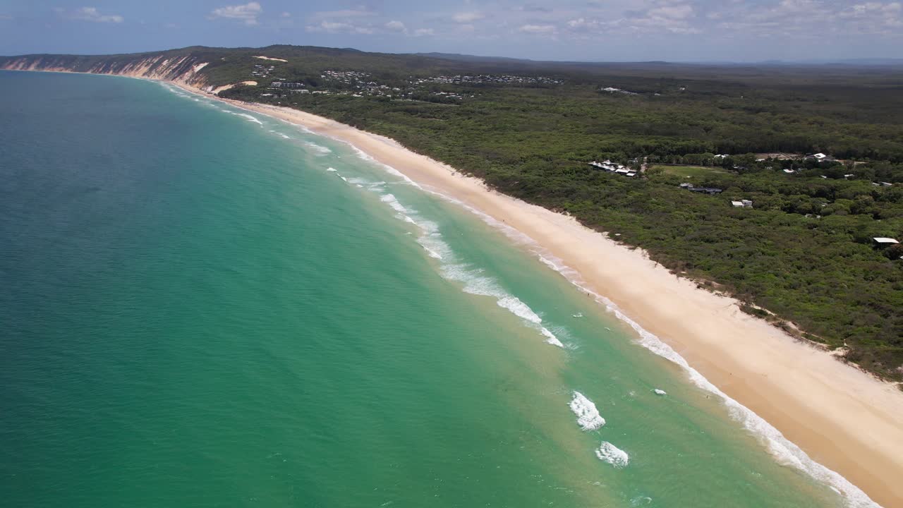 Rainbow Beach With Turquoise Seascape In Queensland, Australia - Aerial Panoramic