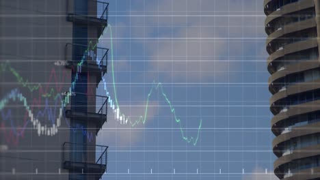 animación de múltiples gráficos y números sobre rascacielos contra un cielo nublado.