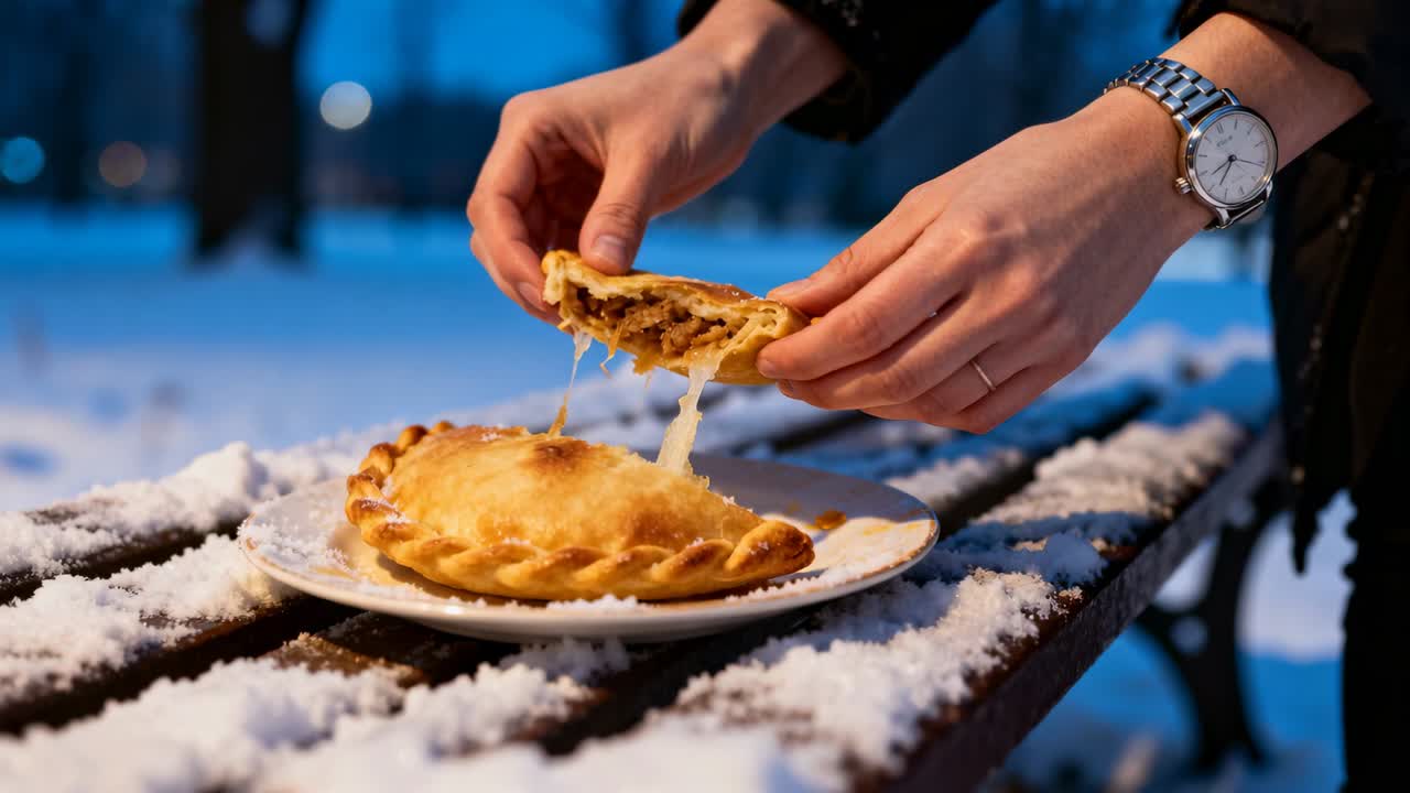 Entrando da destra, mani con orologio e anello aprono una sfogliatina su una panchina innevata del parco per rivelare del formaggio.