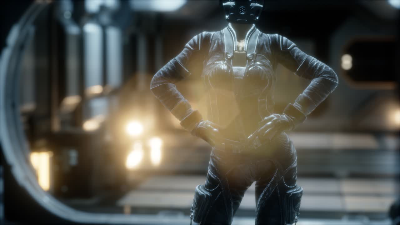 미래의 우주선에 있는 스팀 ⁇ 크 여성