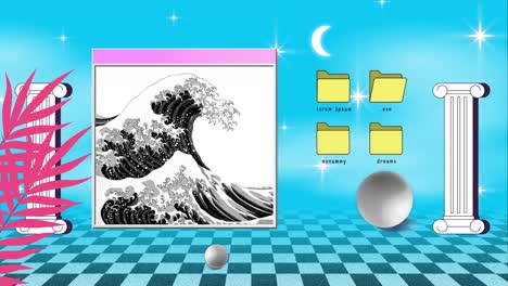 retro vaporwave poster with user interface elements and black and white cartoon wave illustration. trendy old aesthetic background. 2d animation.