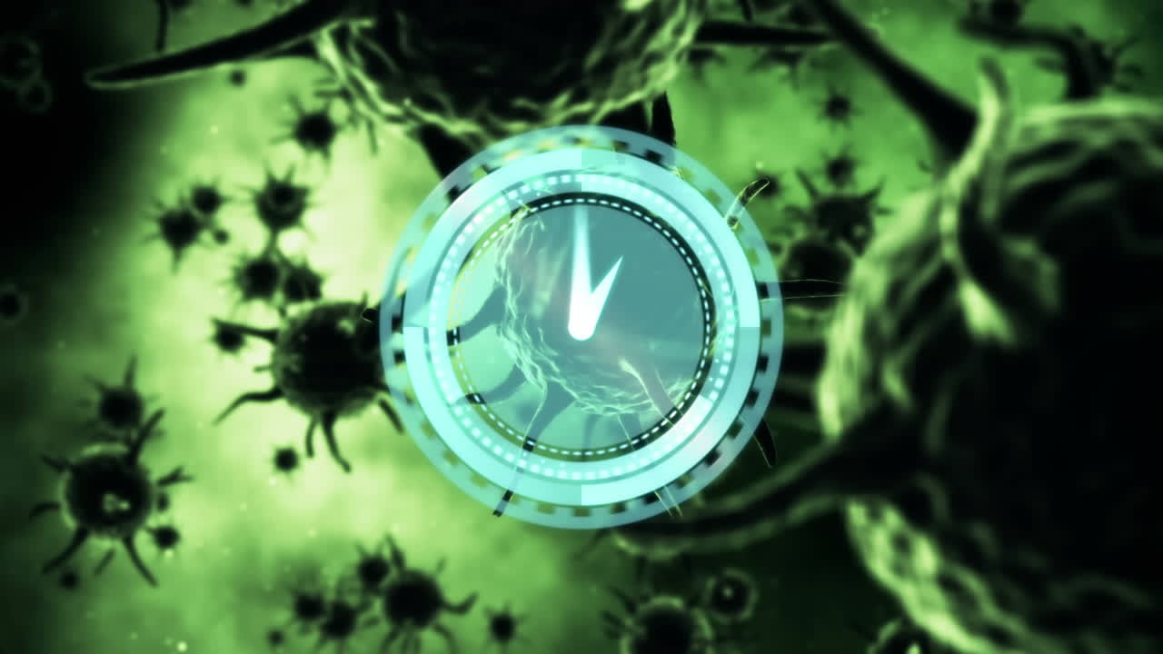 animación del reloj y el escáner circular que gira sobre las células de covid 19, en verde