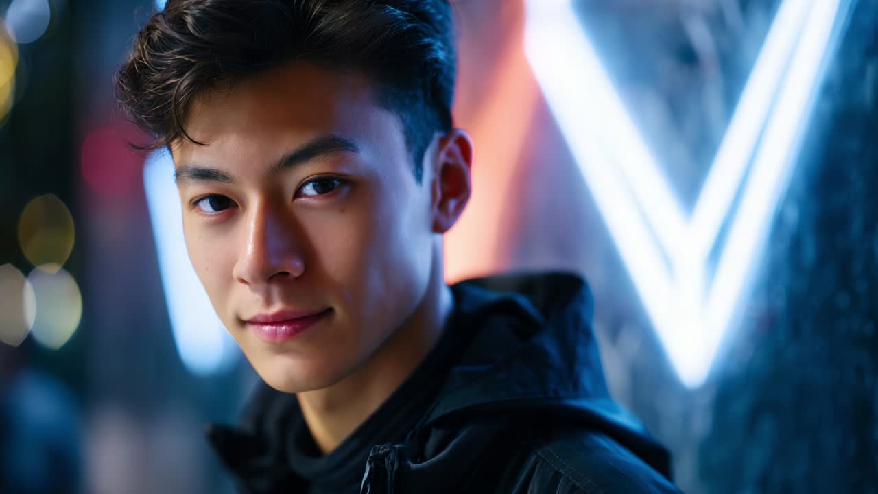 Portrait of an Asian man in front of neon lights