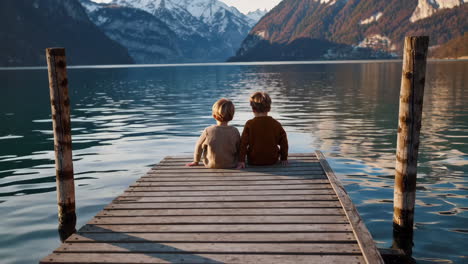 two children sitting on a pier overlooking a mountain lake