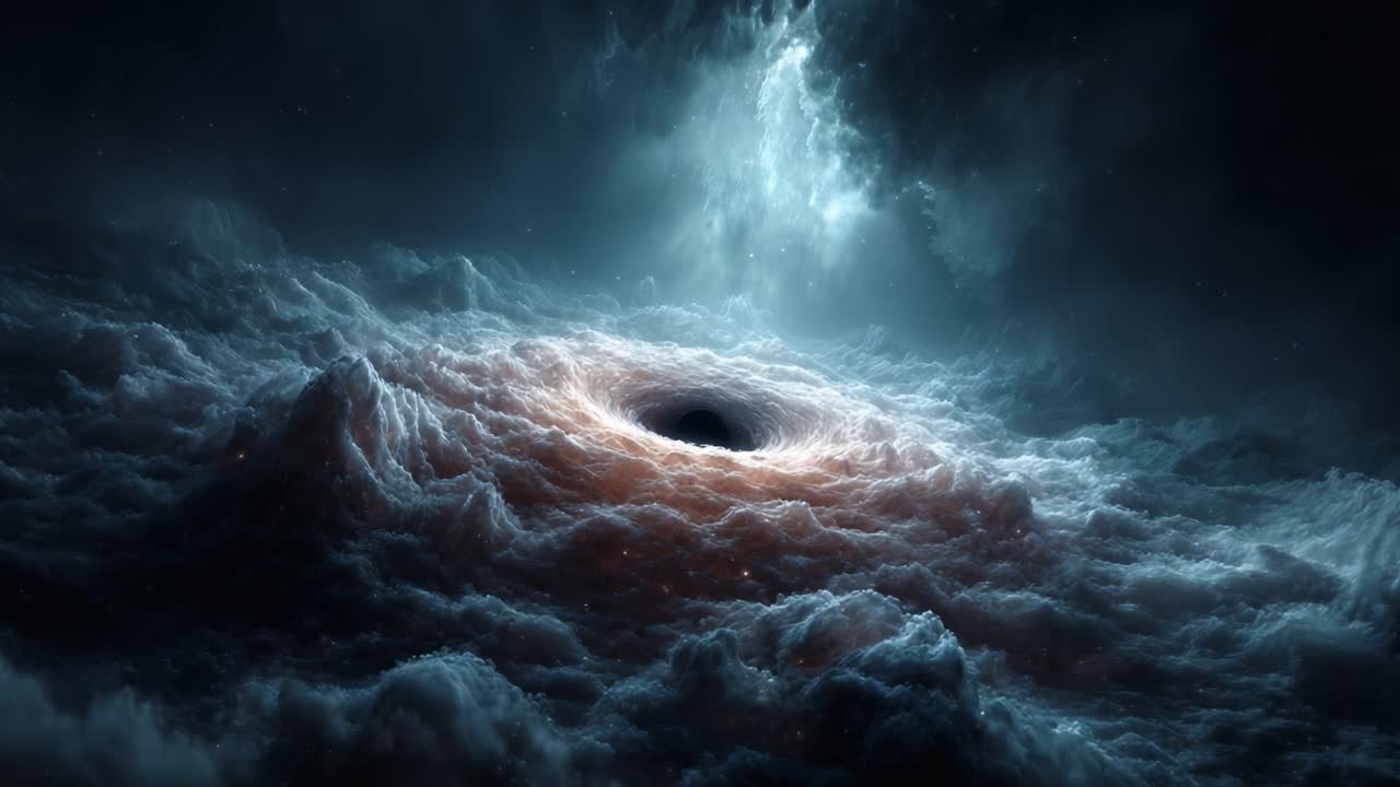A Captivating Cosmic Scene Depicting the Mysteries of a Black Hole Surrounded by Ethereal Clouds and Stellar Lights in a Dark Universe