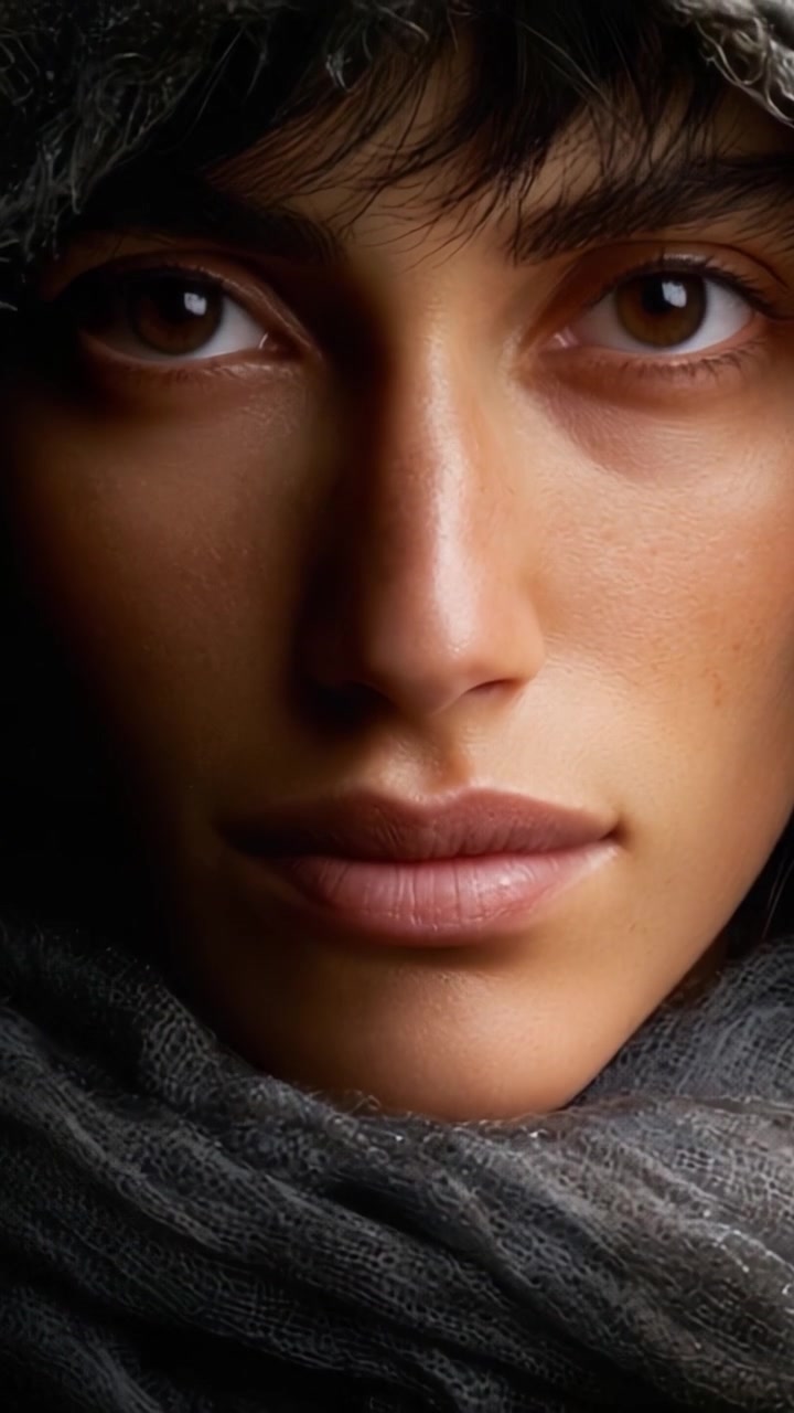 Captivating Portrait of a Young Individual with Intense Expressions, Conveying Deep Emotions Through Subtle Facial Details and a Softly Draped Scarf