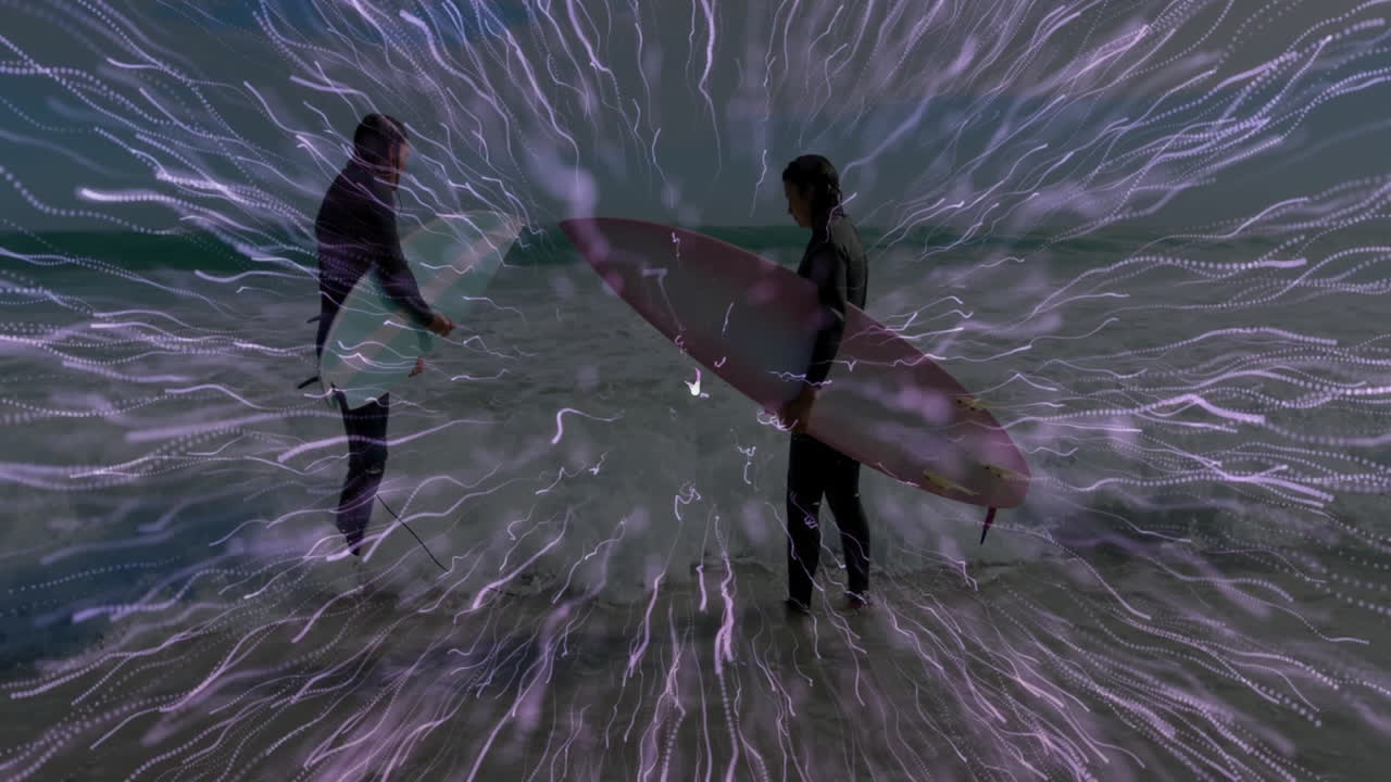Friends carrying surfboard in ocean water, showcasing technology with animated purple light streaks