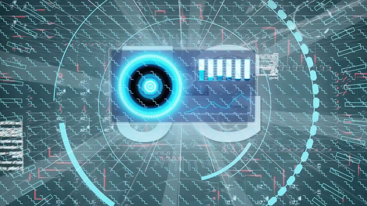 Animation of digital data processing and digital interface and grid over blue background