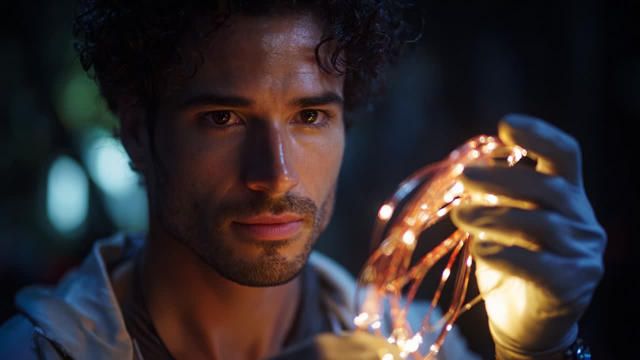 A Mysterious Encounter with Enigmatic Light: A Deeply Emotional Close-Up of a Young Man Holding Illuminated Wires in a Dark Forest Setting, Embodying Wonder, Curiosity, and Intrigue